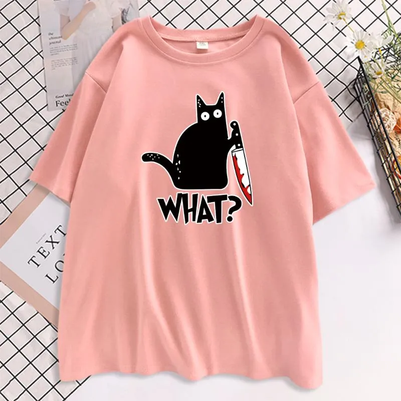 여자의 티셔츠 칼을 들고 귀여운 작은 검은 고양이 티셔츠 여자 크리 에이 티브 소프트 티셔츠 빈티지 느슨한 티 레트로 멋진 셔츠