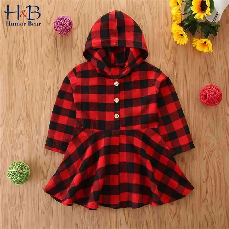 Abbigliamento per bambini europei americani Autunno Ragazza Plaid A-Line Abito Moda a maniche lunghe Semplice con cappuccio 210611