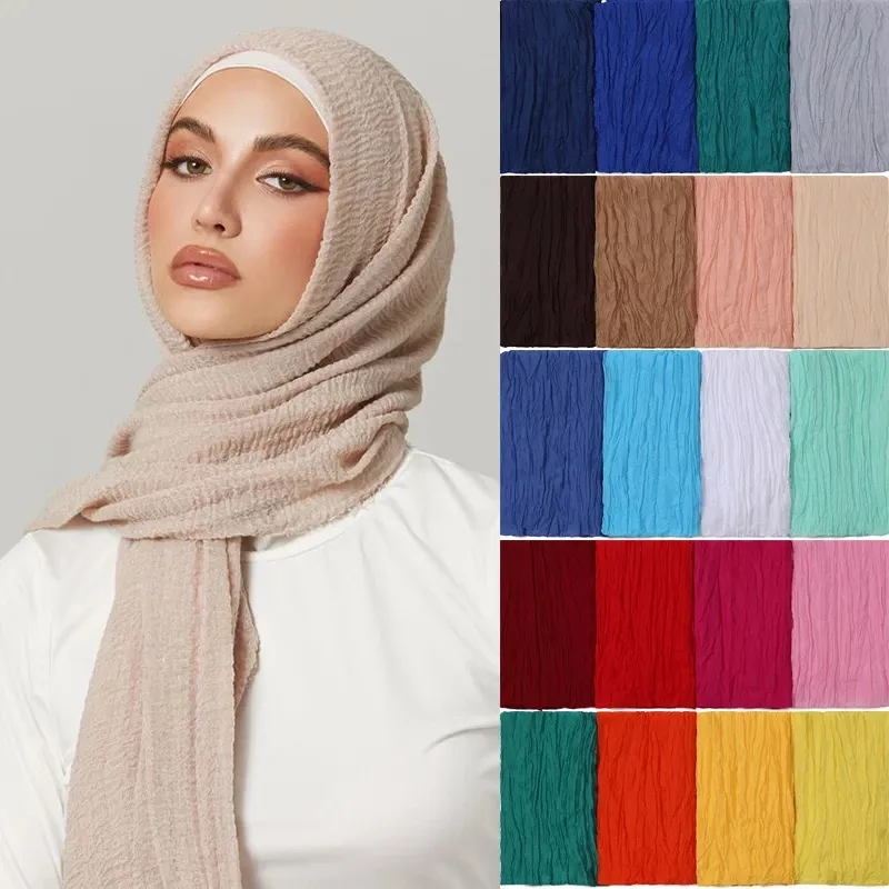 Pleat Crinkle Voile Hijab Scarf for Muslim Women Breathable Plain Islam Jersey Hijabs Lady Turban Headscarf Large Size Head Wrap