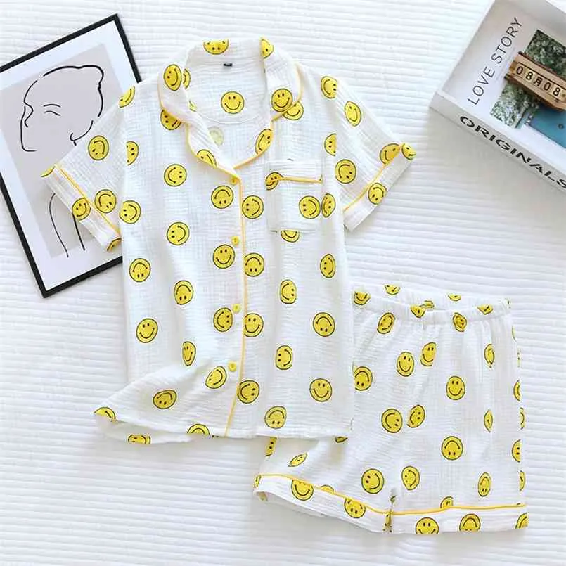 Été femmes Style coton gaze à manches courtes Short décontracté pyjama costume crêpe Smiley mince maison Pygama Femme 210809