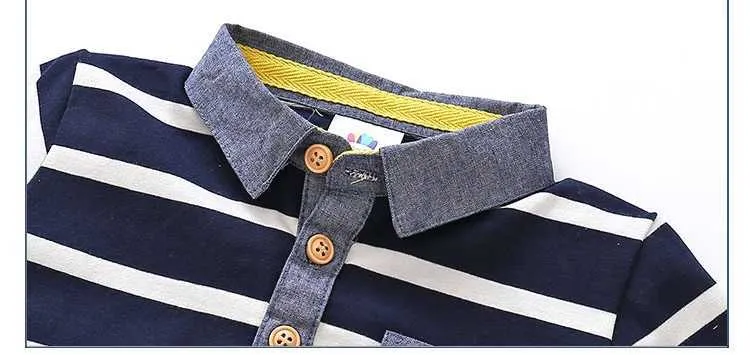  Baby Children Clothing Casual Cotton Short Sleeve Turn-Down Collar Blue White Stripe Print Pocket Kids Teenage Boy T Shirt (4)