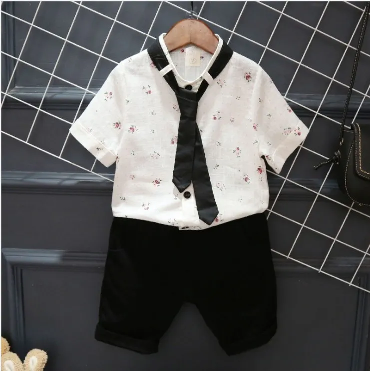 Ensemble de vêtements d'été pour garçons, style gentleman, chemise à manches courtes avec cravate et short, ensemble 2 pièces, tenues pour enfants de 2 à 7 ans, 2021