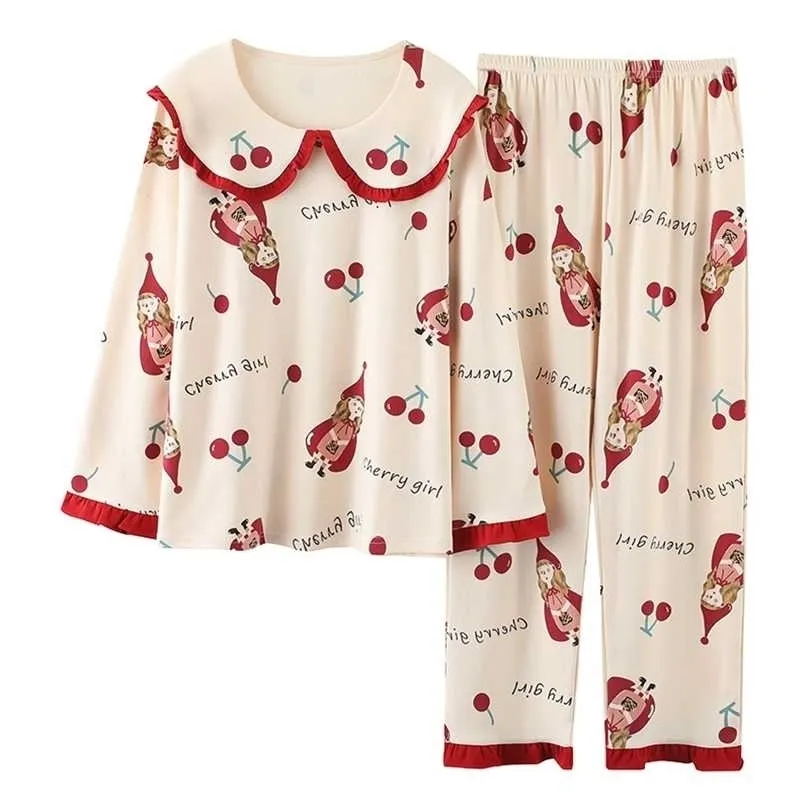 Big 3XL 4XL 5XL Plus Size Cotton Lingere Homewear Long Sleeve Pullover Pajama for Women Lounge Wear Cherry Printed Sleepwear 211215