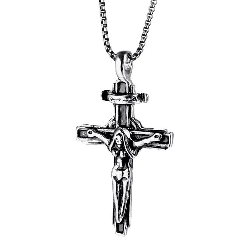 Hängsmycke Halsband Retro Virgin Mary Cross Necklace för män Kvinna Jesus av mor Rostfritt stål Religiösa smycken