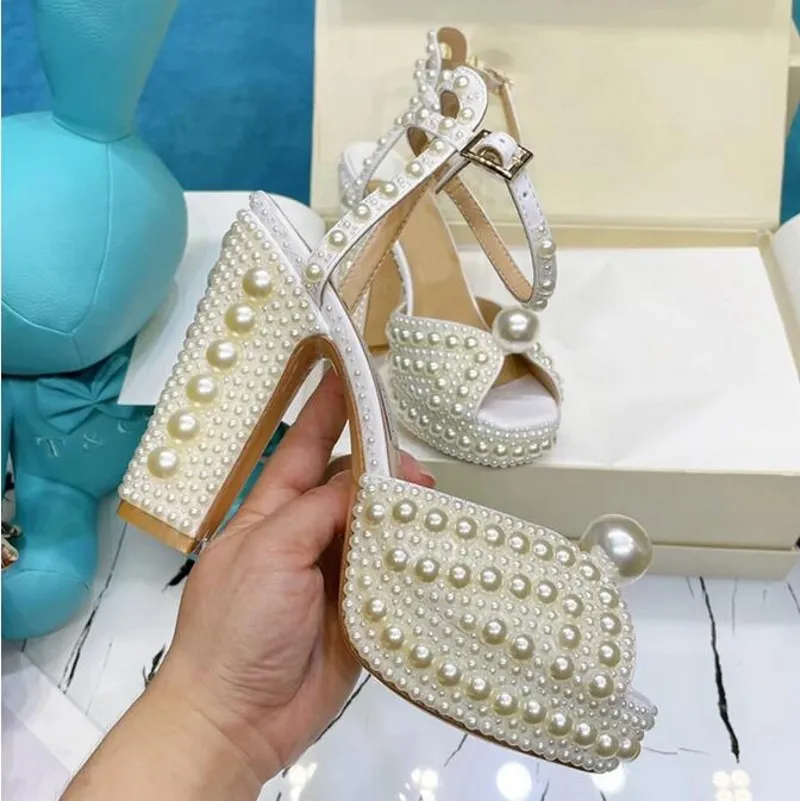 Women Pearls Platform Sandals Peep toe Diamond Wedding Party Shoes Lady Pumps