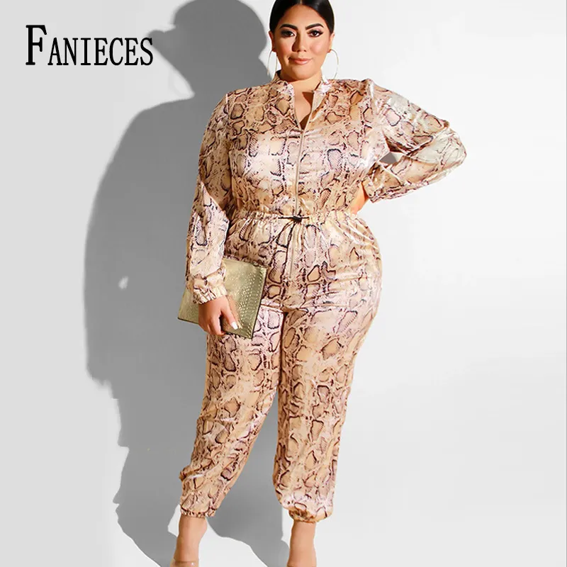 Serpentine Print Plus Size Long Jumpsuits Sashes Holiday beachwear Women Autumn Snake Skin 5Xl Big Jumpsuit streetwear 210520