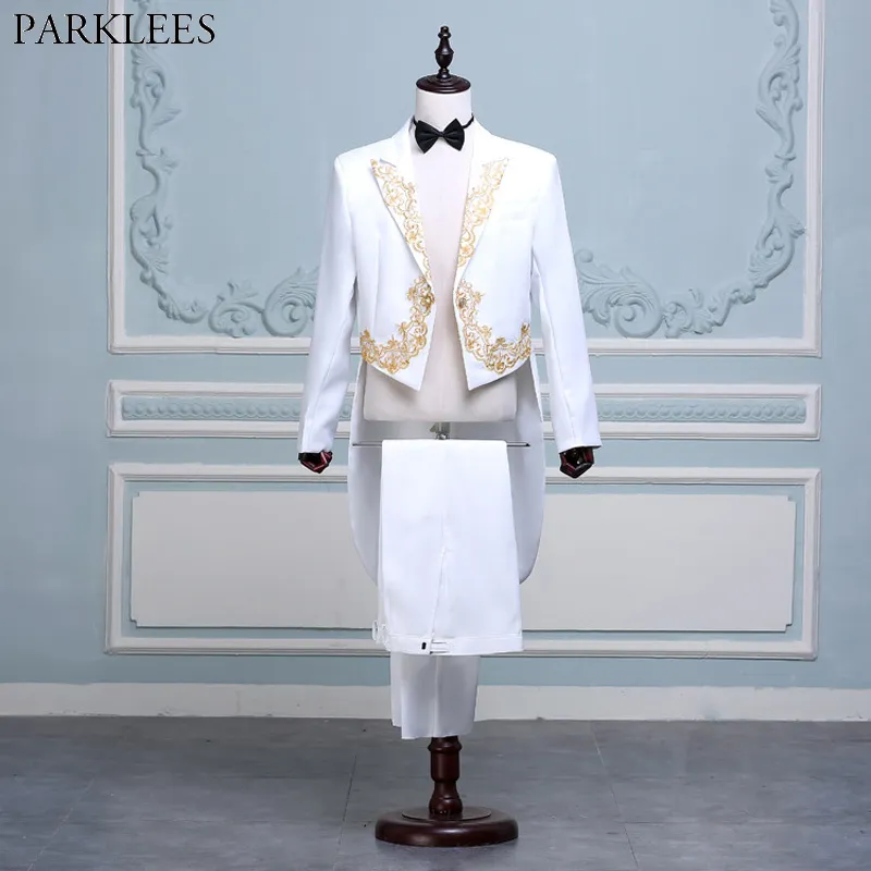 Erkek Düğün Smokin Suits Beyaz Nakış 2 Parça Takım Elbise (Ceket + Pantolon) Balo Şarkıcı Dansçı Sahne Takım Elbise Erkek Giysileri Terno Masculino 210524