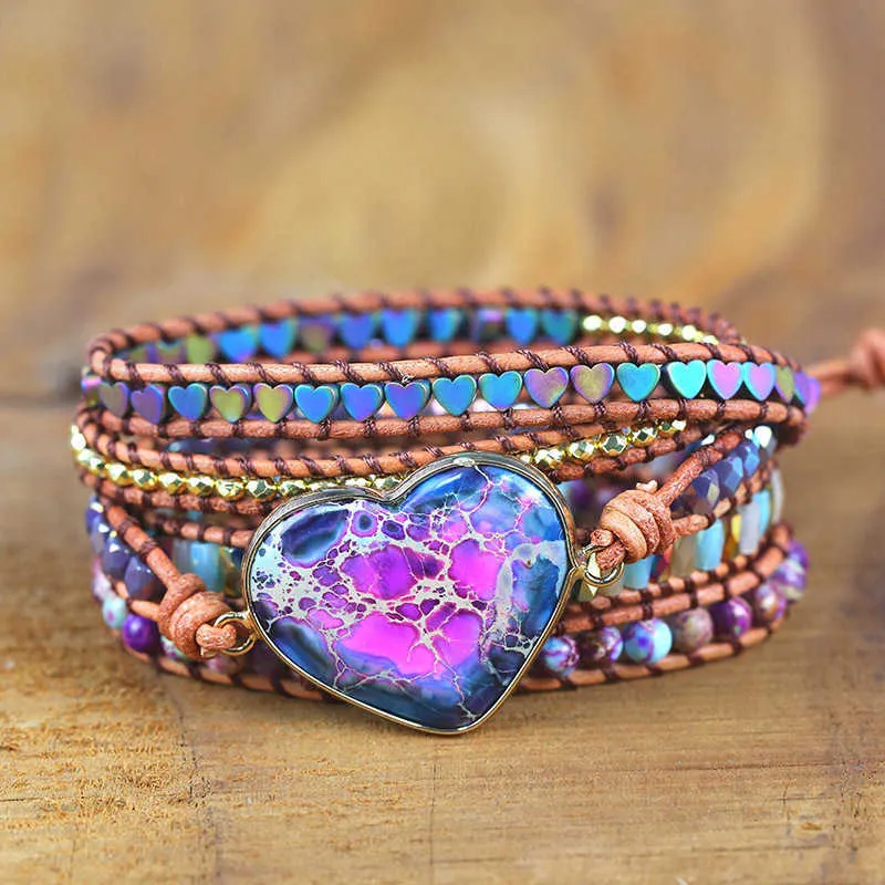 Романтические духовные чакра кожаные браслеты W / смешанные камень форма сердца 5 нитей браслет классический ювелирные изделия Bijoux Dropshipping H0903