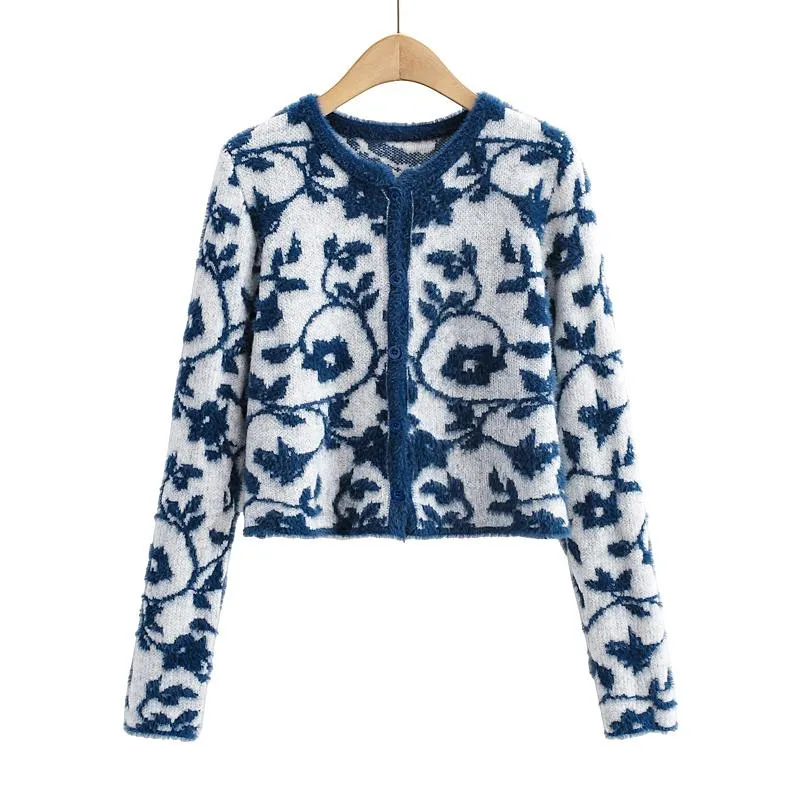 Donne Knits Tees Vintage Blue Floral Print Jacquard Cardigan Donne Autunno Arrivo Casual Single Breasted O-Collo Maglia Maglioni Blusa