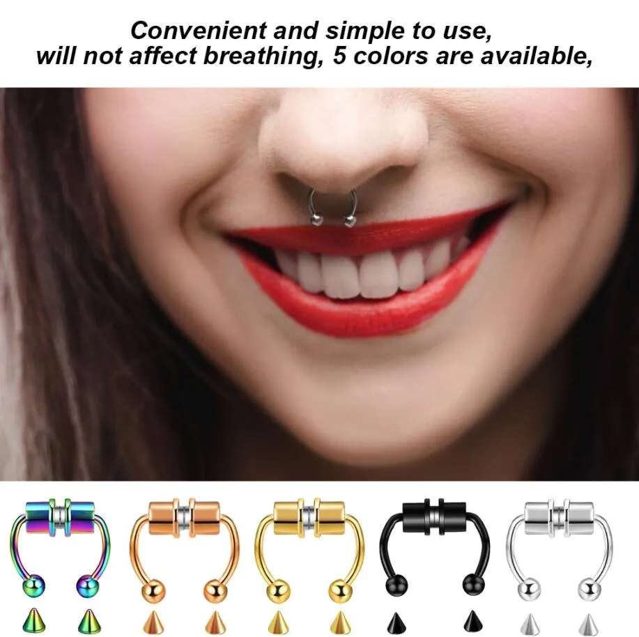 Sexig näsa Ring återanvändbar legering Fake Magnetic Horseshoe Non Piercing Hoop Smycken för Fest Bar 1PC Nosring + 2PCS Cone Balls