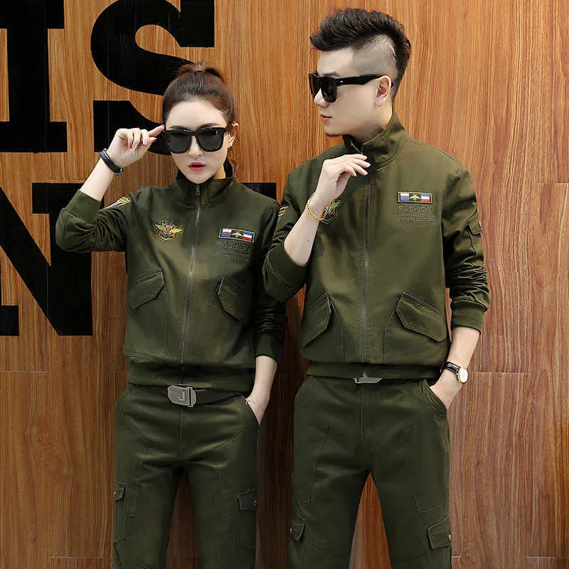 Plus Storlek Conjunto Feminino Kvinnors Bomull Casual Camouflage / Army Green Sportsuit Two Piece Set Par Kläder 3XL 4XL 5XL 210625