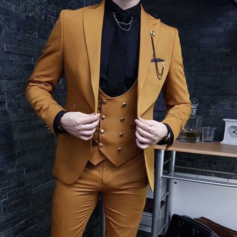 Brown Casual Men Suits Slim Fit with Double Breasted Waistcoat 3 Piece Wedding Tuxedo Male Fashion Costume Jacket Pants 2021 X0909