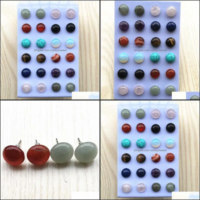 Simple Trendy Geometric 12mm Round Mixed Color Natural Stone Stud Earrings For Women Fashion Cute Small Wholesale 12Pair 210619