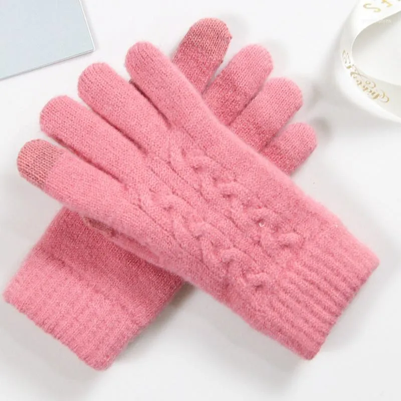 Solid tvättbar höst vinter stickade pekskärm Elastiska handleden Kvinnor handskar mjuk daglig artificiell ull utomhus dubbel tjocklek1