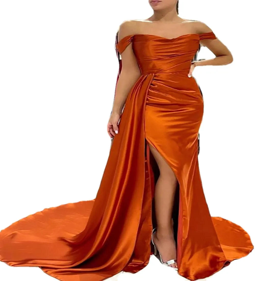 Ahorra a lo Grande en Compras al por Mayor de Vestidos De Fiesta De Sirena  Fuera De Hombro Off The Shoulder Organge Mermaid Evening Dress With Train 