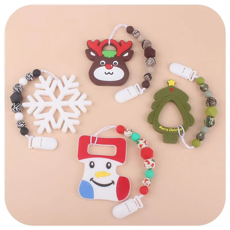 Fopspeen Clips BPA Gratis Kerstboom Elanden Sneeuwvlok Siliconen Bijtring Letter Kralen Hanger Fopspeen Ketting Kerstmis Cadeau voor Baby