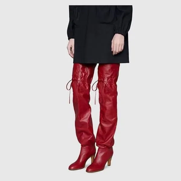 Effetti di legno di lusso Tacco alto Moda Nuovi stivali alti alla coscia Colore rosso Scarpe da gladiatore firmate con lacci da donna