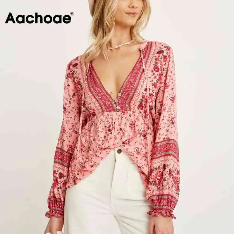 Mujeres floral impresión camisa arco cuello elegante playa tops manga larga suelta boho blusa primavera verano blusas mujer 210413