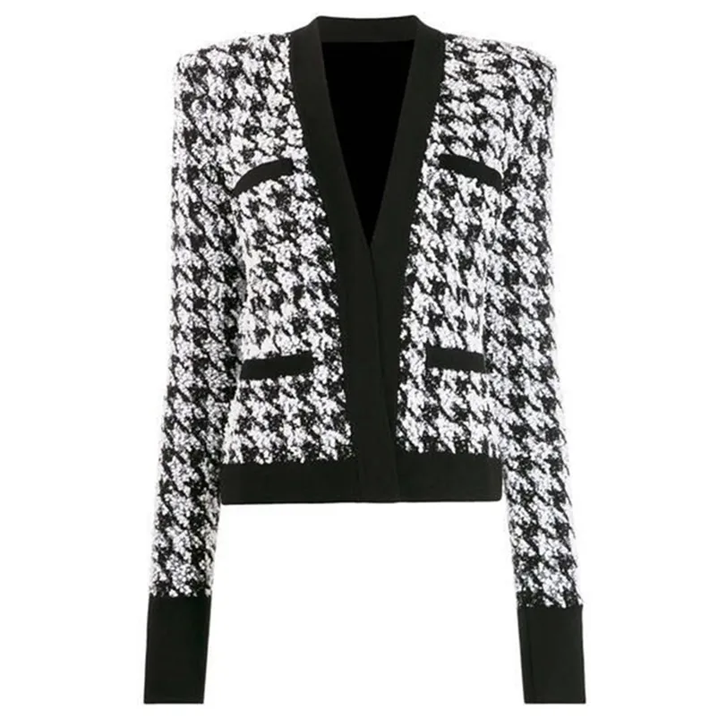 High Street Baroque Designer Jacket Dames Sjaal Collar Shimmer Houndstooth Tweed 210521