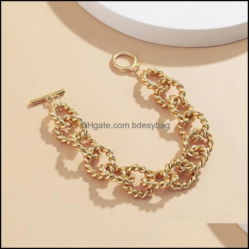 Punk Women Geometric Twist Thick Chains European Single Layer OT Buckle Bracelets Alloy Hollow Out Gold Silver Hand Link Fashion Jewelry