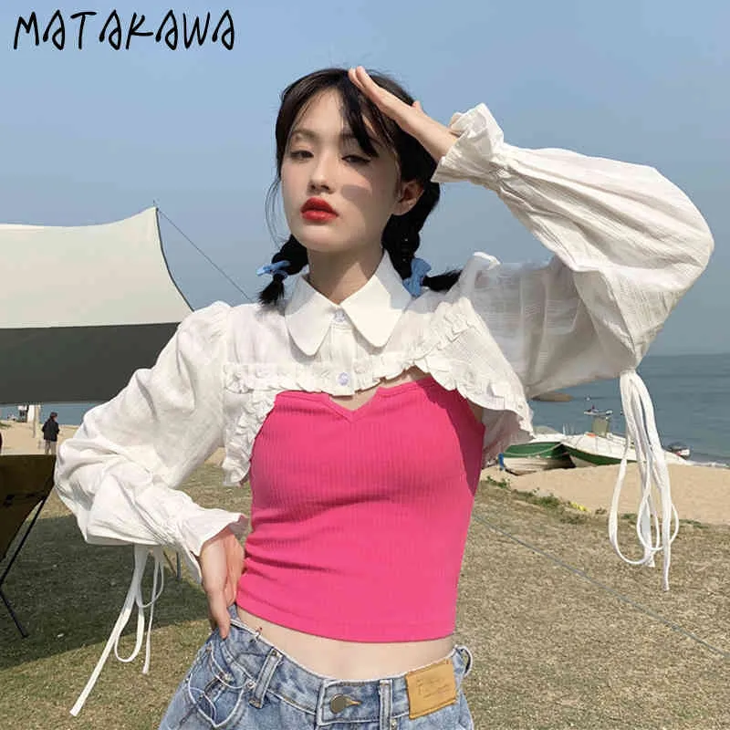 MATAKAWA Stacked Short Tops Women's Shirt Lapel Long-sleeved Sunscreen Blouses Summer Short Camisole Crop Top Women 210513
