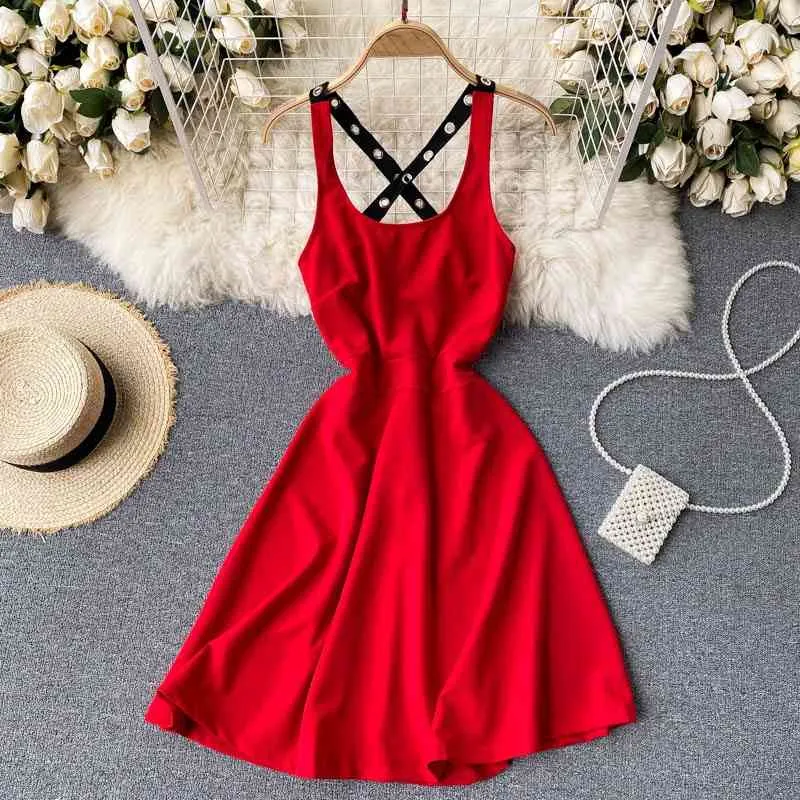 abito rosso estivo da donna sexy con scollo a V incrociato allacciato in vita slim A-Line reggicalze vestidos 210420