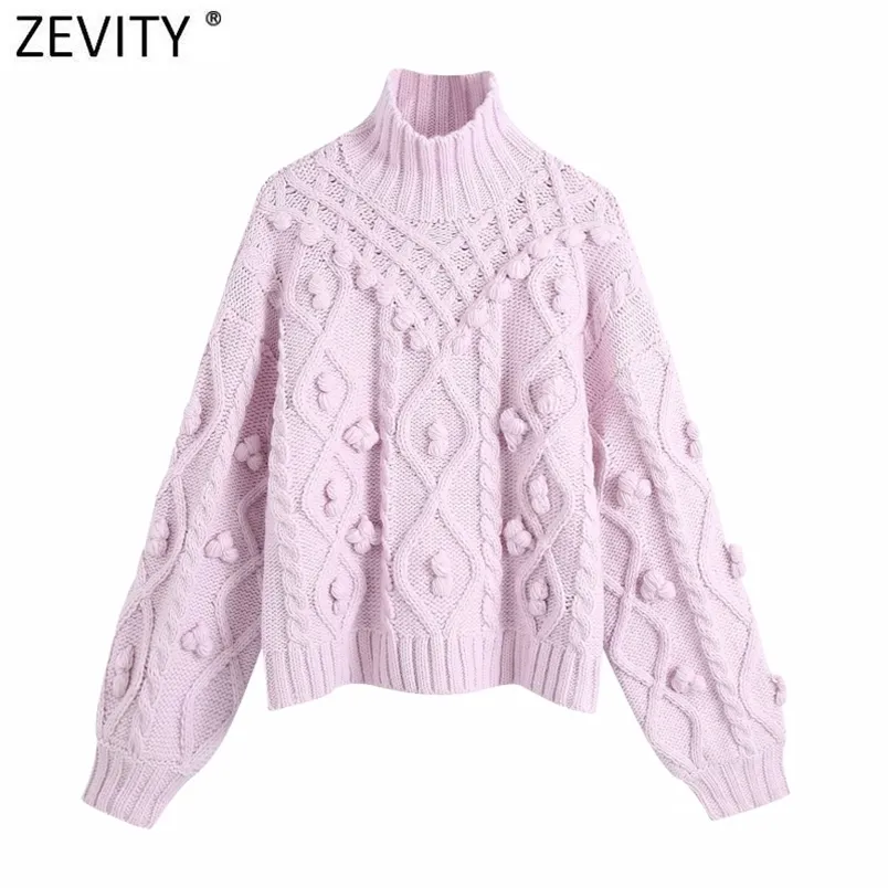 Women Fashion Turtleneck Collar Ball Appliques Casual Knitting Sweater Ladies Chic Long Sleeve Pullovers Tops S518 210420