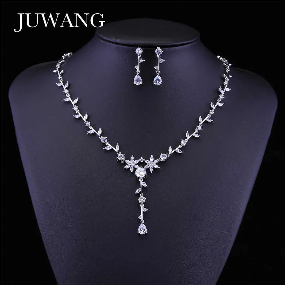 JUWANG marque clair fleur cristal ensemble de bijoux pour femme zircon cubique femmes ensembles de bijoux boucle d'oreille collier ensemble robe accessoires H1022