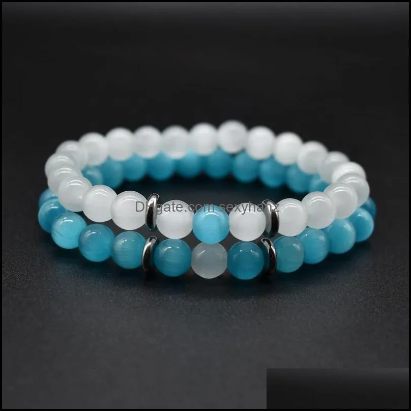 New 8MM Blue White Opal beads chains Bracelet For Women Men Couple Healing crystal Natural stone Strands beaded Bangle Fashion Jewelry