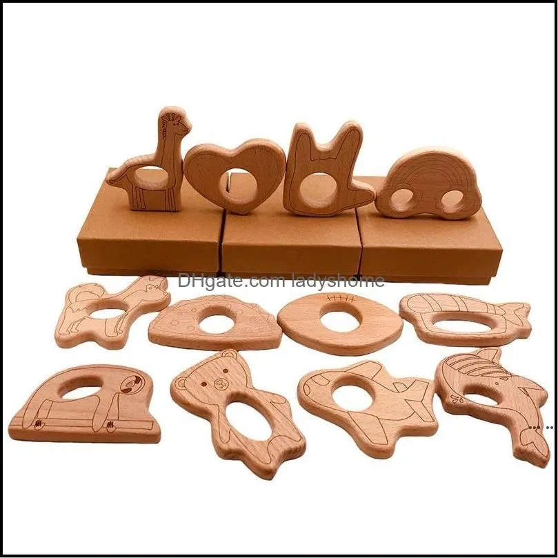 Outros jardim de jardim Gardendifferente forma de madeira Teether Heart Giraffe Cloud Deding Urso de peixe Design Nature Nursing Baby Towen Toy Wood C Wood C