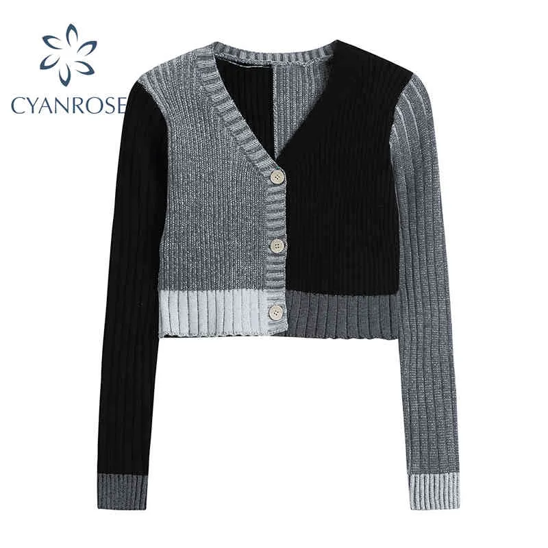 Oregelbunden Patchwork Spliced ​​Cardigan Crop Sweater Kvinnor Långärmad V Neckwear Slim Knitwear Elegant Chic Sticka Toppar 210417