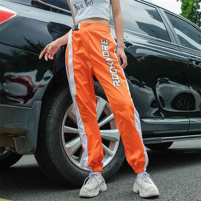 Casual Patchwork Ołówek Spodnie Wysokiej Talii Spodnie Pas Pas Kobiet Pomarańczowe Zipper Kieszonkowe Spodnie dresowe i Joggers Fitness 210607