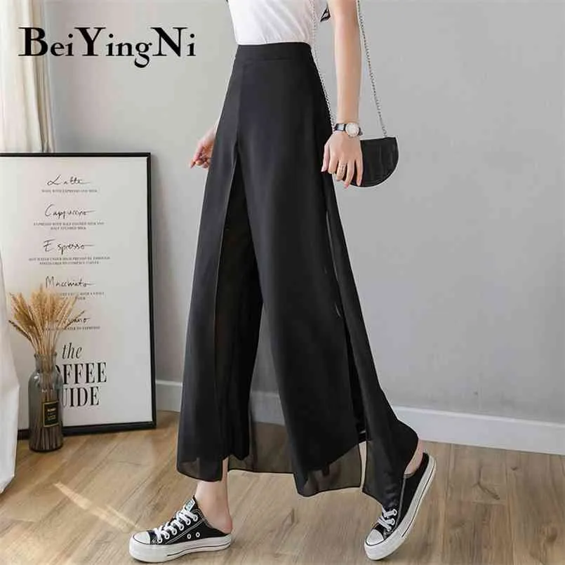 Harajuku broek vrouwelijke chiffon chic effen kleur hoge taille broek leisure eenvoudige elegante brede been lady pantalon 210506