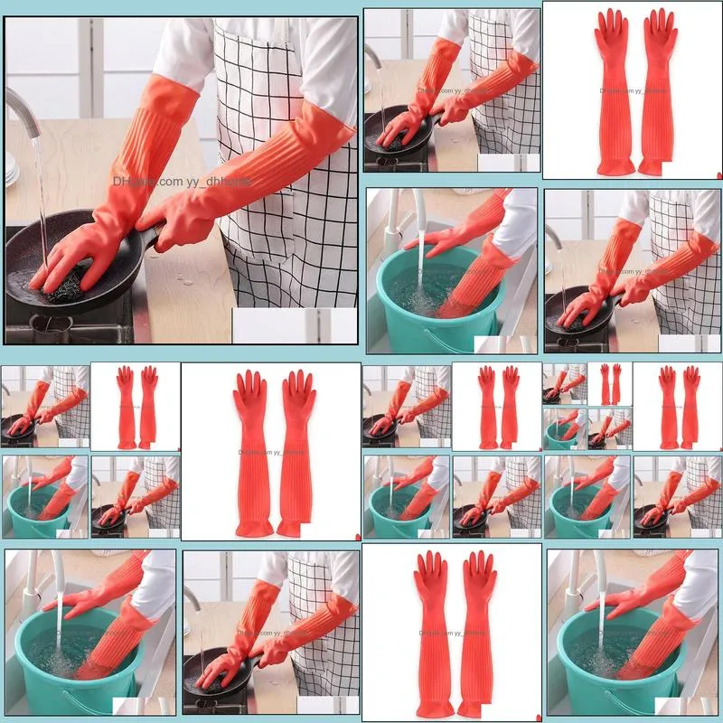 Extended kitchen dishwashing gloves durable rubber household wear resistant thickened waterproof household cleaning clothes Plush
