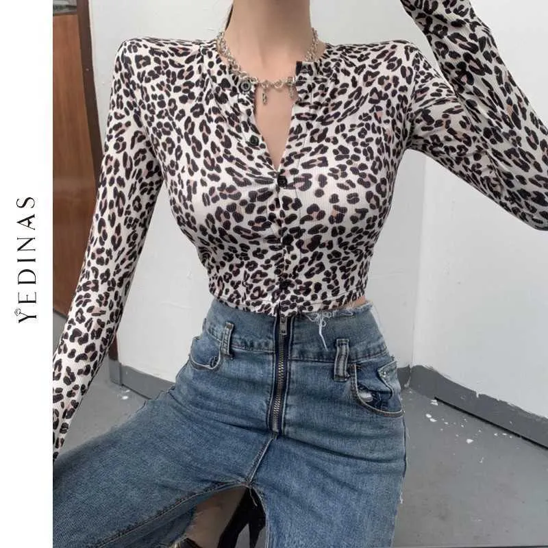 Yedinas Sxey Leopard Przycięte Topy Z Długim Rękawem Slim T Koszulki Kobiety Skinny Cardigan Tee Koszula Y2K Damska Przycisk Streetwear Tshirt 210527