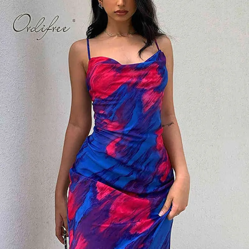 Летние женщины сексуальные скольжения спагетти ремешок ночной клуб носить винтажное печать без рукавов MIDI платье 210415