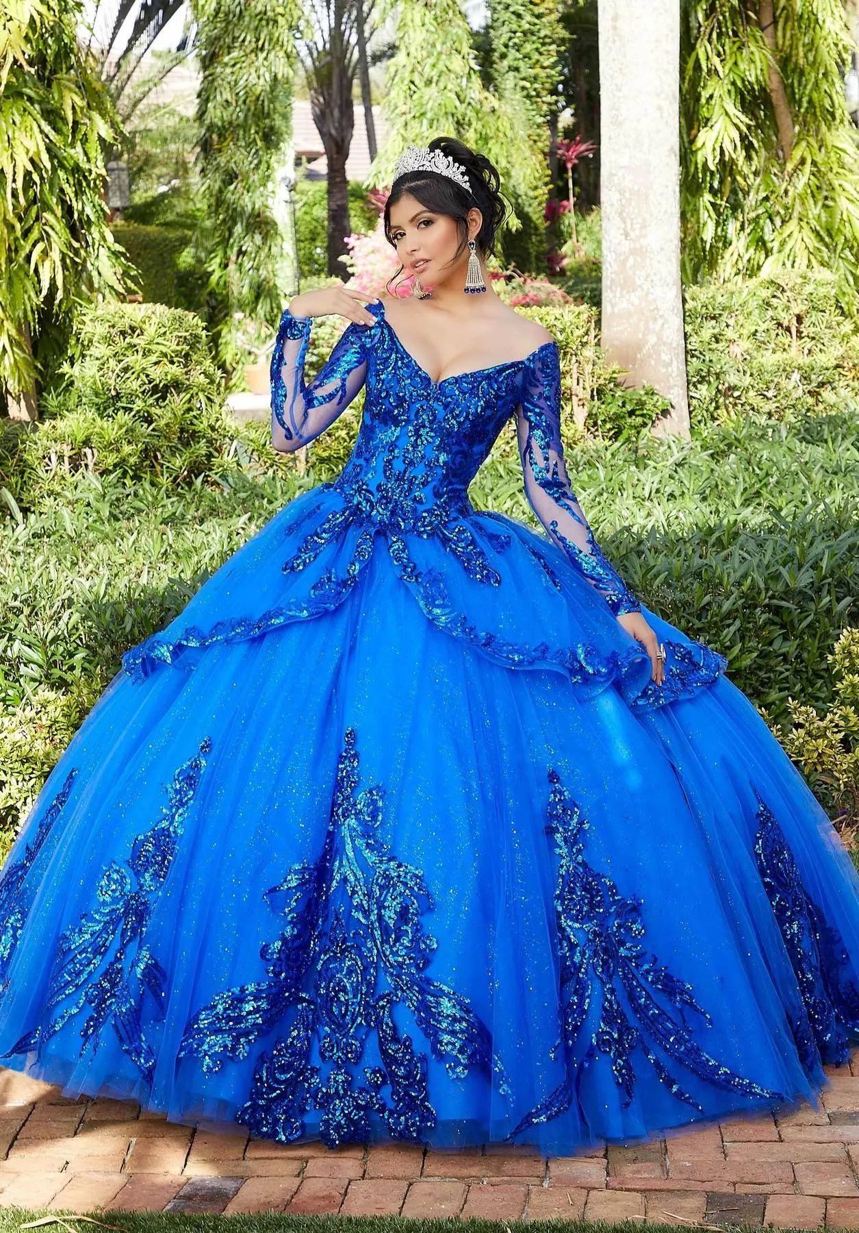 Длинный рукав Royal Blue Quinceanera Платья с блестками Принцессы Бальное платье 2022 Sexy V-шея пухлые сладкие 15 лет Официальные выпускные Brinthday Party платье для леди