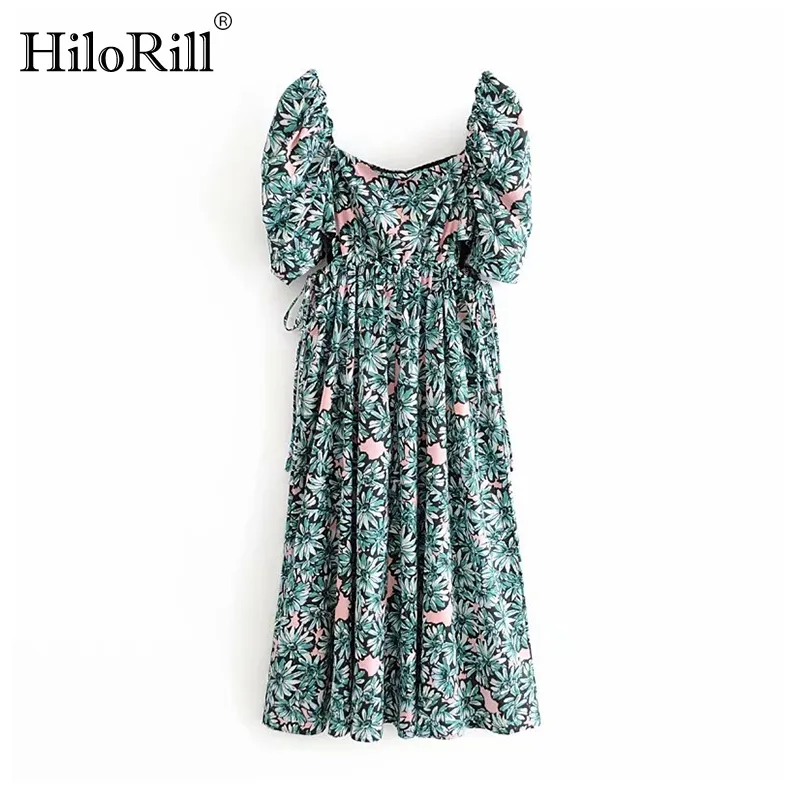 Floral Print Long Dress Women Fashion Puff Short Sleeve Midi Party Square Collar Hollow Out Bow es Robe 210508