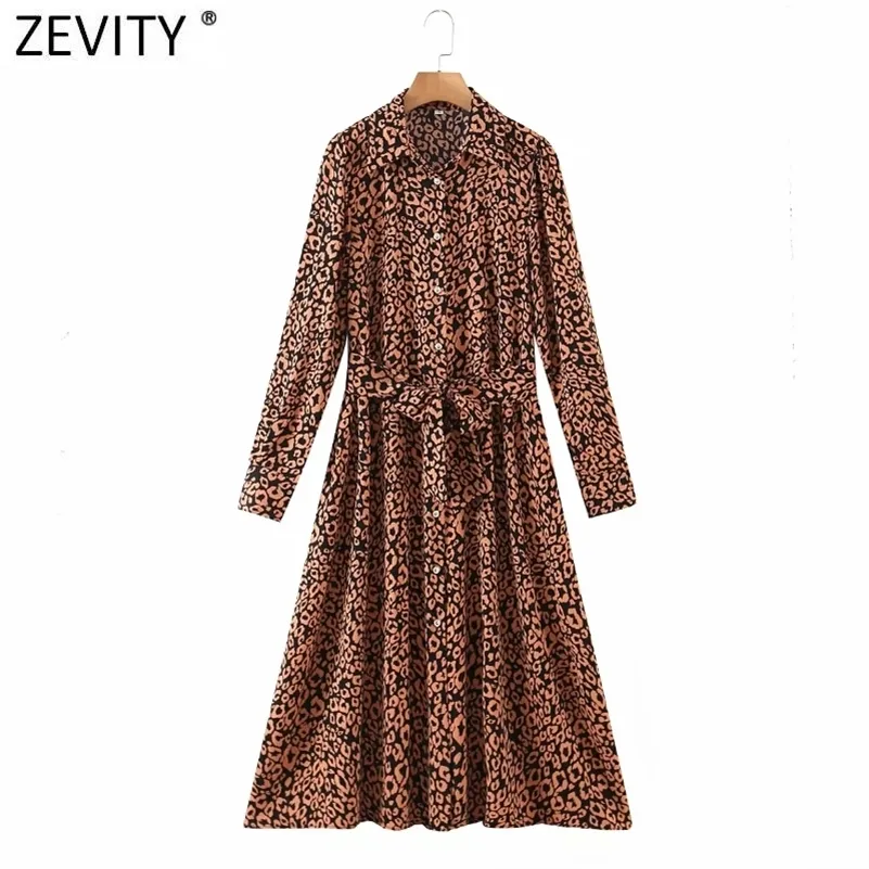 Kvinnor vintage leopard tryck båge bundna sashes tröja klänning chic kvinnlig långärmad avslappnad vestido kläder DS4911 210416