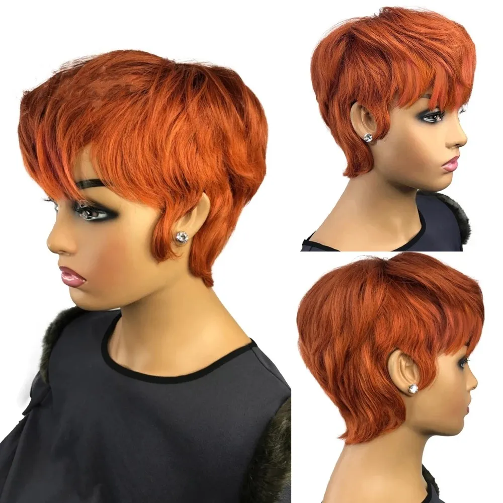 Ginger Orange Color Wig Short Wavy Bob Pixie Cut Full Machine Made No Lace Human Hair Wigs With Bangs For Black Women Brazilian