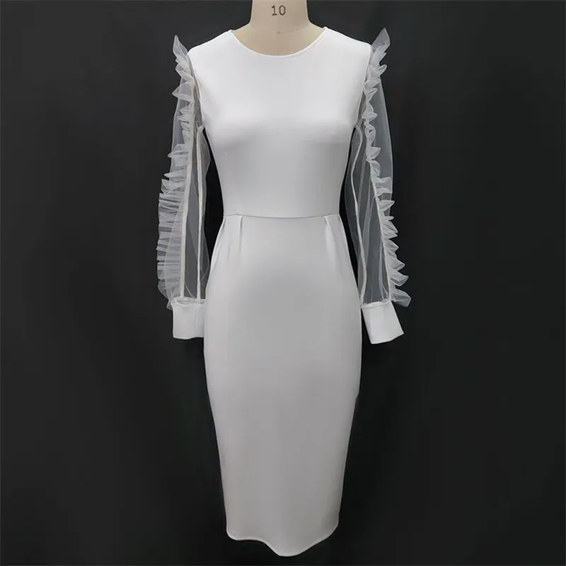 White Party Dress Sheer Tulle Long Sleeve Midi Calf Bodycon Round Neck Stretch Elegant Dinner Date Plus Size S XXL Robe 210527