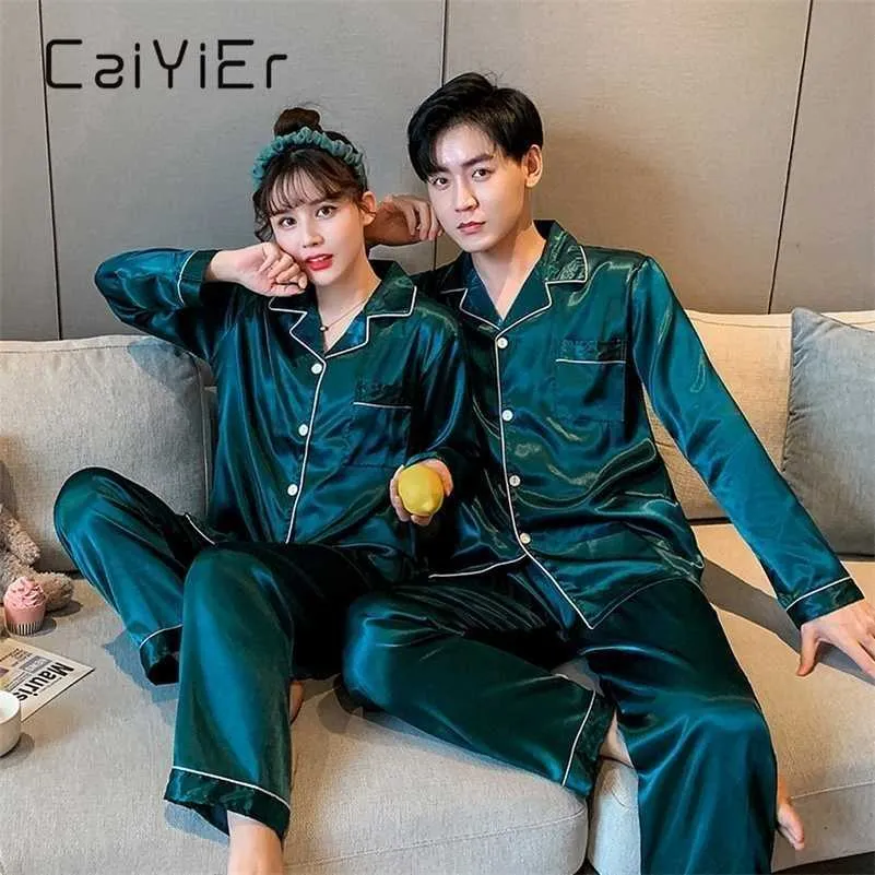 CAIYIER Lovers Silk Pyjamas Set Solide Manches longues Casual Vêtements de nuit Couple d'hiver Vêtements de nuit Hommes Femmes Loungewear M-3XL 211007