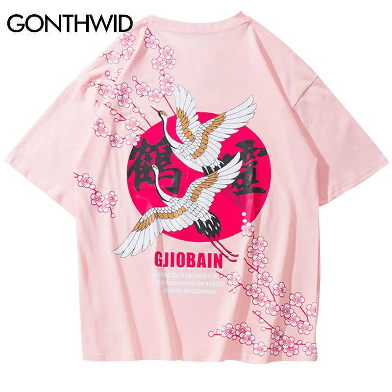 GONTHWID Chinese Crane Flowers Print Tshirts Harajuku Hip Hop Casual Streetwear T Shirts Tops Hipster Short Sleeve Tees Male 210629