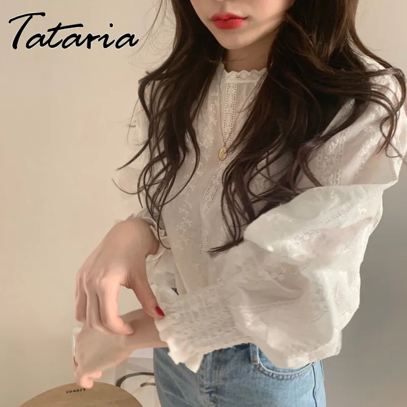 Tataria Spitze O Hals Frauen Bluse Herbst Casual Shirts Laterne Langarm Mesh Elegant 210514