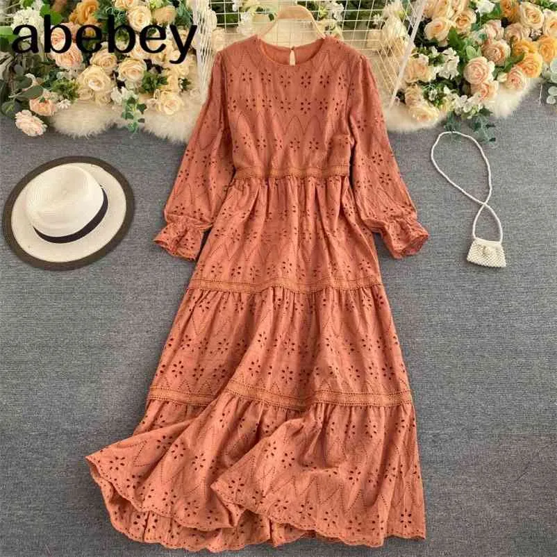 Vrouwen Hollow Dress Herfst Koreaanse Eenvoudige Effen Lange Mouw A-lijn Jurk Casual Losse Streetwear Midi Lange Jurken 210715