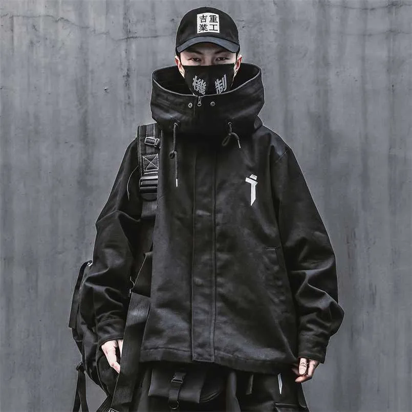 Kurtka techniczna dla mężczyzn czarna wiosna japońska streetwear kapturem 211008