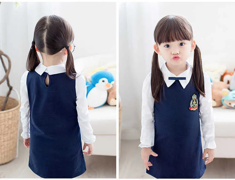  Sping Autumn New Fashion Preppy Style A-Line Long Full Sleeve Turn-Down Collar Red Blue Princess Kids School Girl Dress (7)
