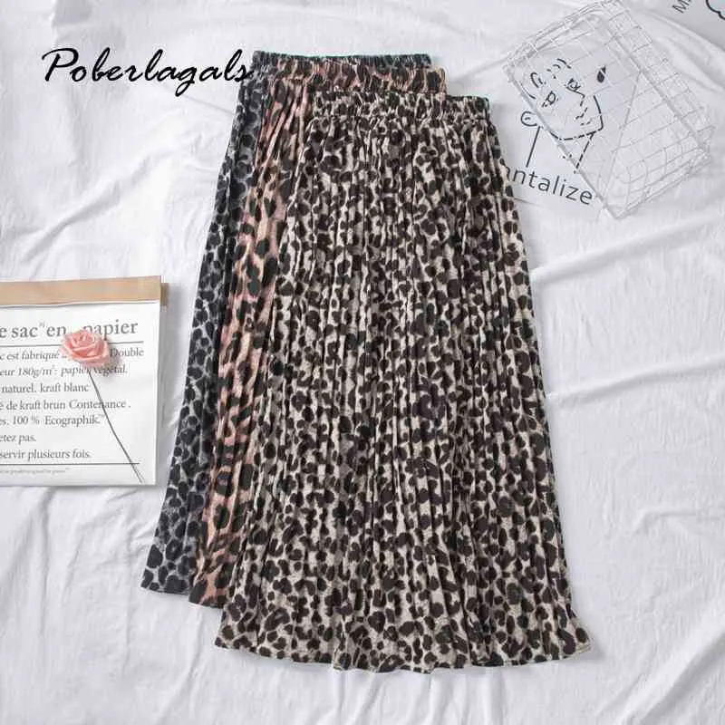 Summer women vintage elegant leopard skirt lady wild print high waist pleated beach skirts womens Casual female 210420