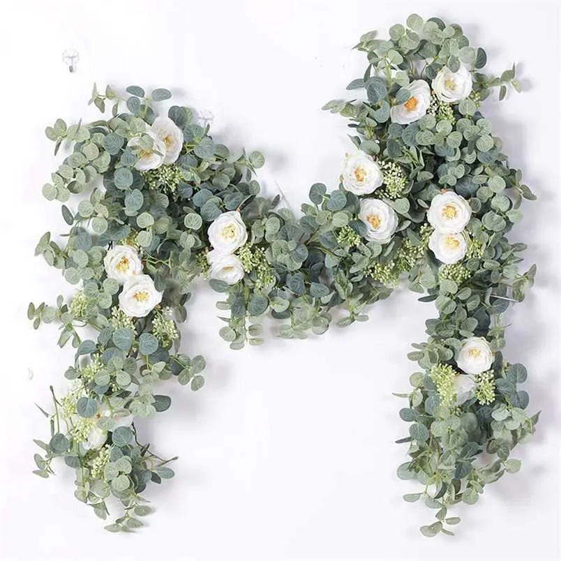 6.2ff Искусственный завод Цветы Eucalyptus Гирлянда с белыми розами зелени листья для свадьбы фон партии настенный стол декор 211104