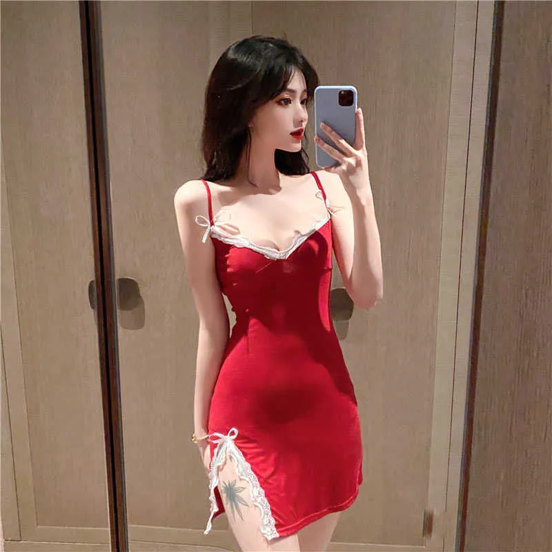 Summer strapless sleeveless suspender dress feminine sense slit mini lace stitching bow tie slim fit 210604